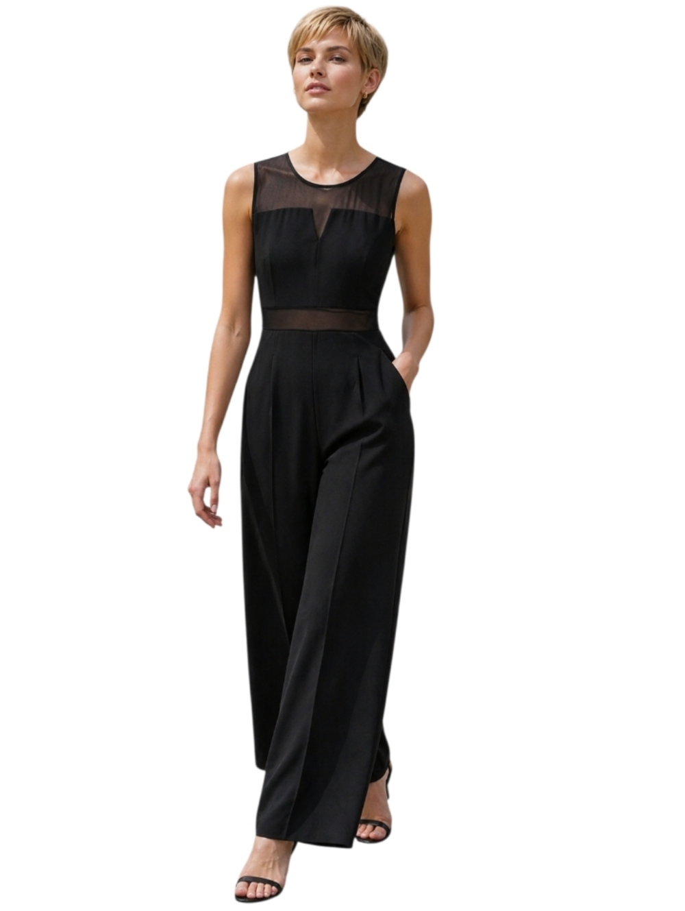 Black Sleeveless Mesh-Trim Jumpsuit